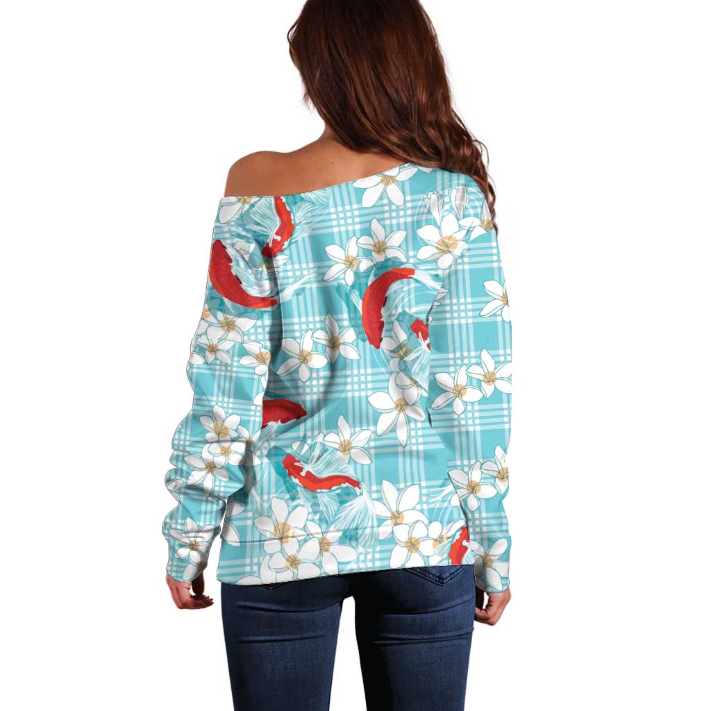 Turquoise Palaka Hawaii Aloha Off Shoulder Sweater Koi Pond Mix Plumeria - Polynesian Pride