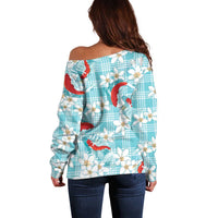 Turquoise Palaka Hawaii Aloha Off Shoulder Sweater Koi Pond Mix Plumeria - Polynesian Pride