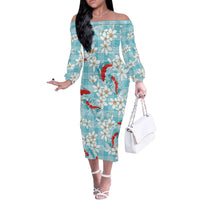 Turquoise Palaka Hawaii Aloha Off The Shoulder Long Sleeve Dress Koi Pond Mix Plumeria - Polynesian Pride