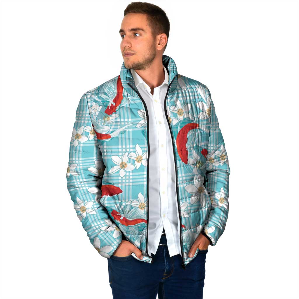 Turquoise Palaka Hawaii Aloha Padded Jacket Koi Pond Mix Plumeria - Polynesian Pride
