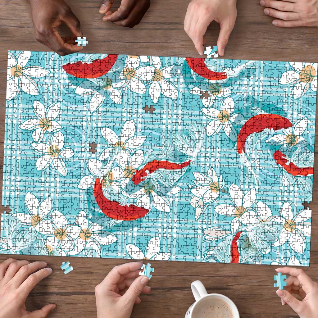 Turquoise Palaka Hawaii Aloha Puzzle Koi Pond Mix Plumeria - Polynesian Pride