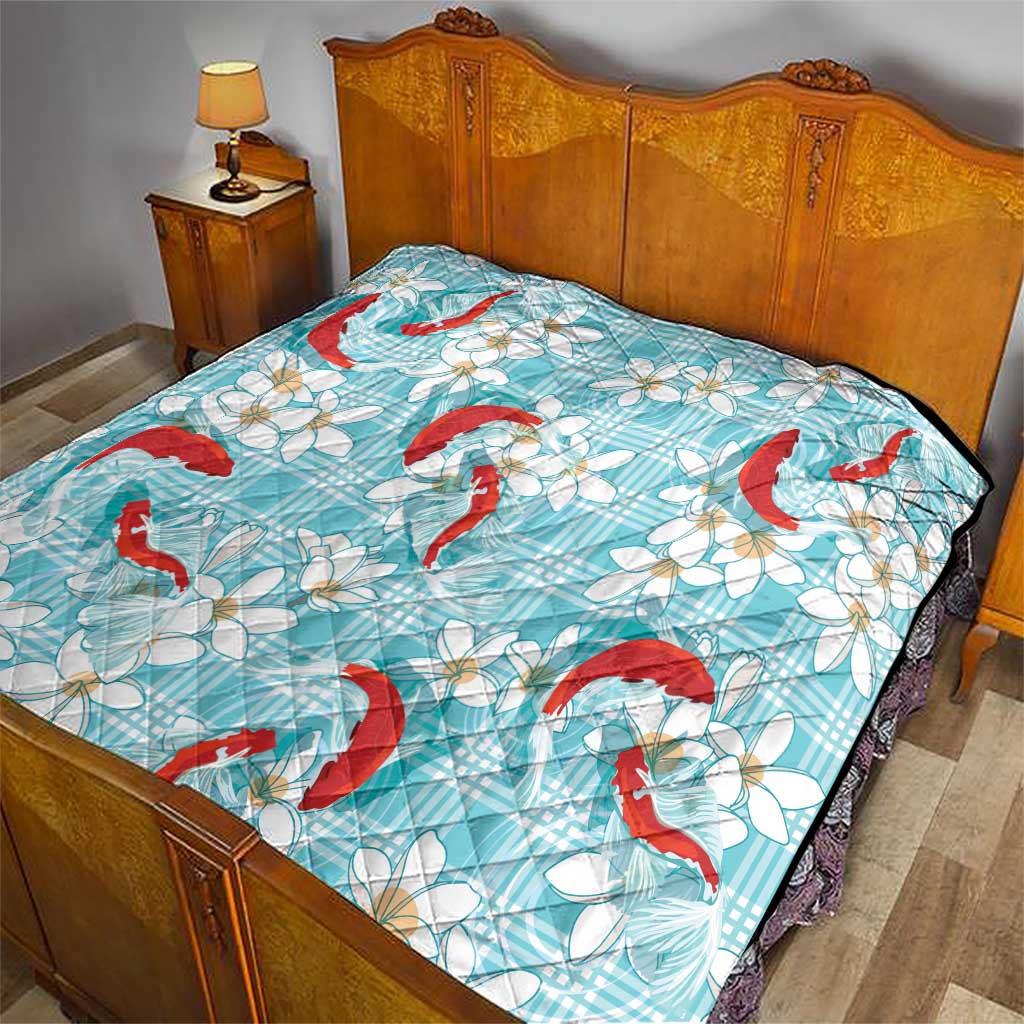 Turquoise Palaka Hawaii Aloha Quilt Koi Pond Mix Plumeria - Polynesian Pride