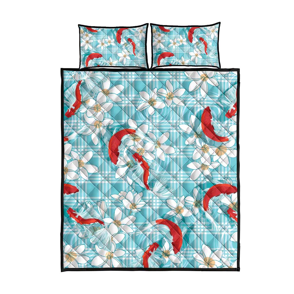Turquoise Palaka Hawaii Aloha Quilt Bed Set Koi Pond Mix Plumeria - Polynesian Pride