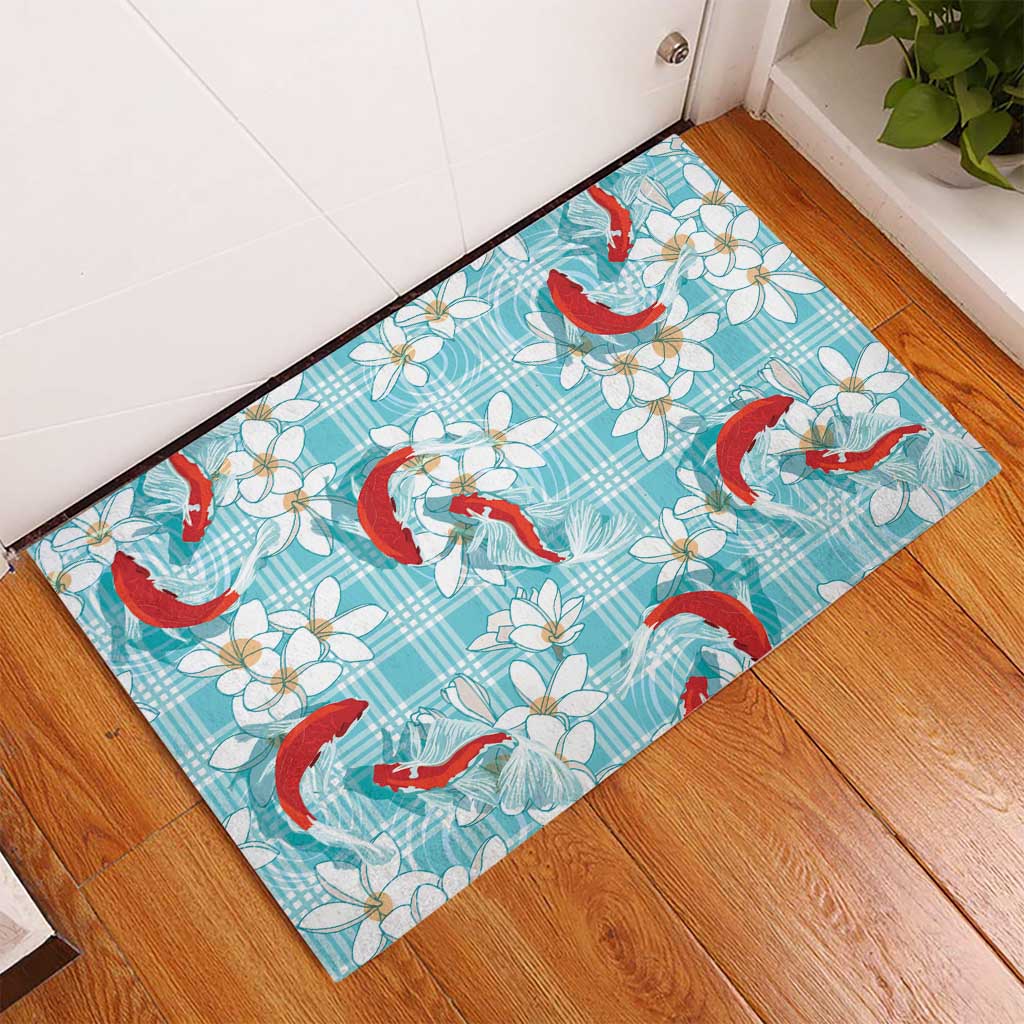 Turquoise Palaka Hawaii Aloha Rubber Doormat Koi Pond Mix Plumeria - Polynesian Pride