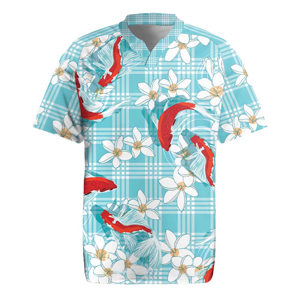 Turquoise Palaka Hawaii Aloha Rugby Jersey Koi Pond Mix Plumeria - Polynesian Pride