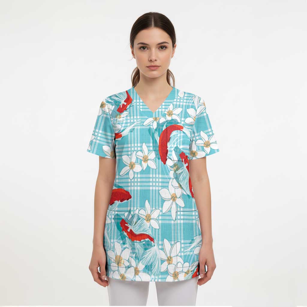 Turquoise Palaka Hawaii Aloha Scrub Top Koi Pond Mix Plumeria - Polynesian Pride