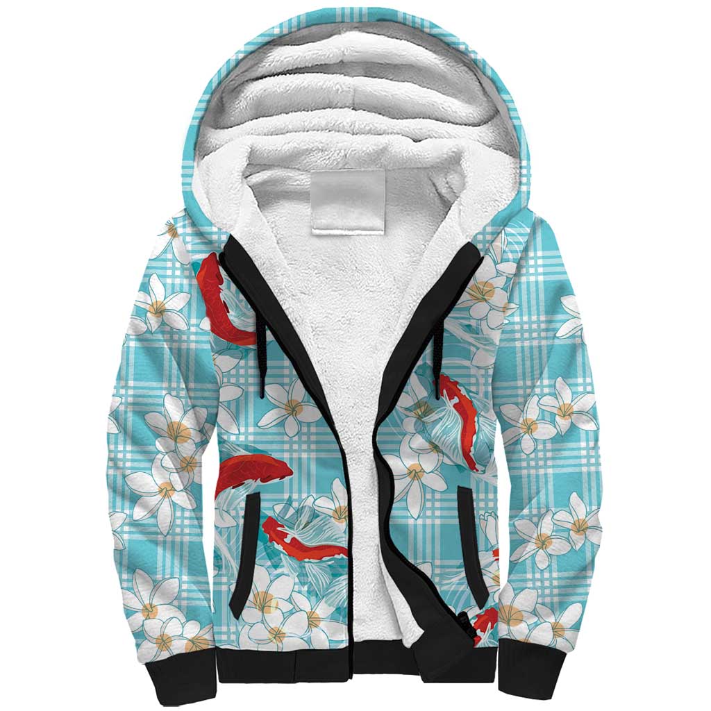Turquoise Palaka Hawaii Aloha Sherpa Hoodie Koi Pond Mix Plumeria - Polynesian Pride