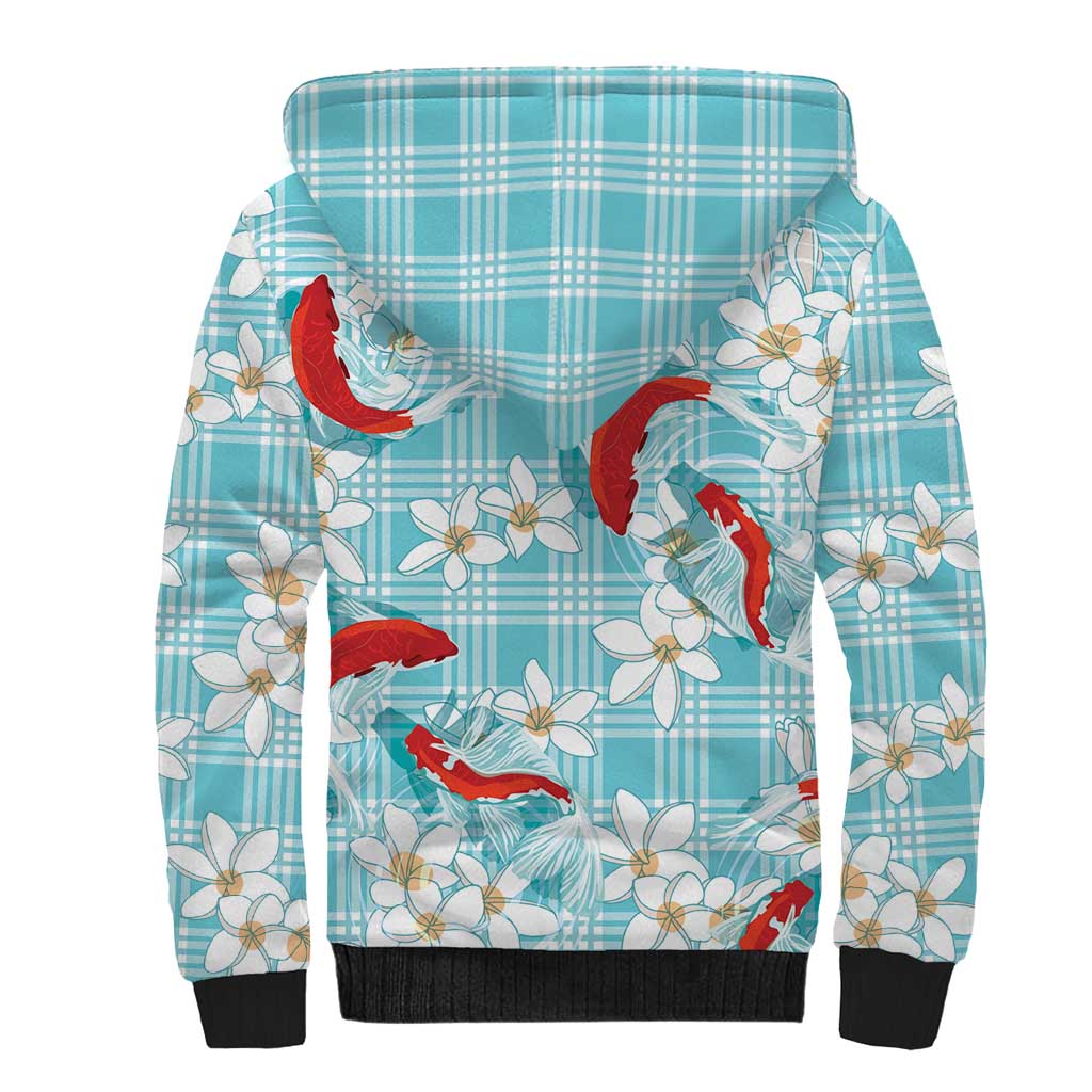 Turquoise Palaka Hawaii Aloha Sherpa Hoodie Koi Pond Mix Plumeria - Polynesian Pride