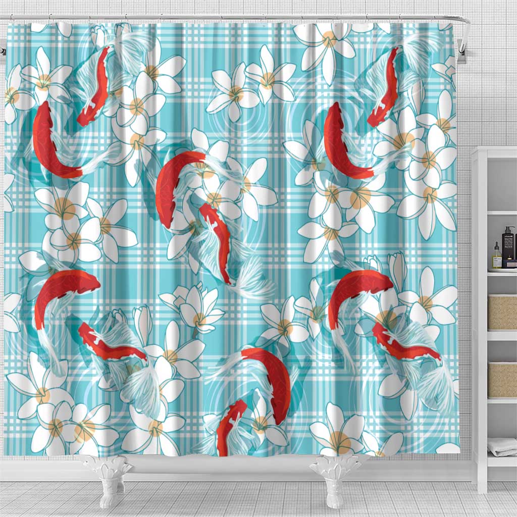 Turquoise Palaka Hawaii Aloha Shower Curtain Koi Pond Mix Plumeria - Polynesian Pride