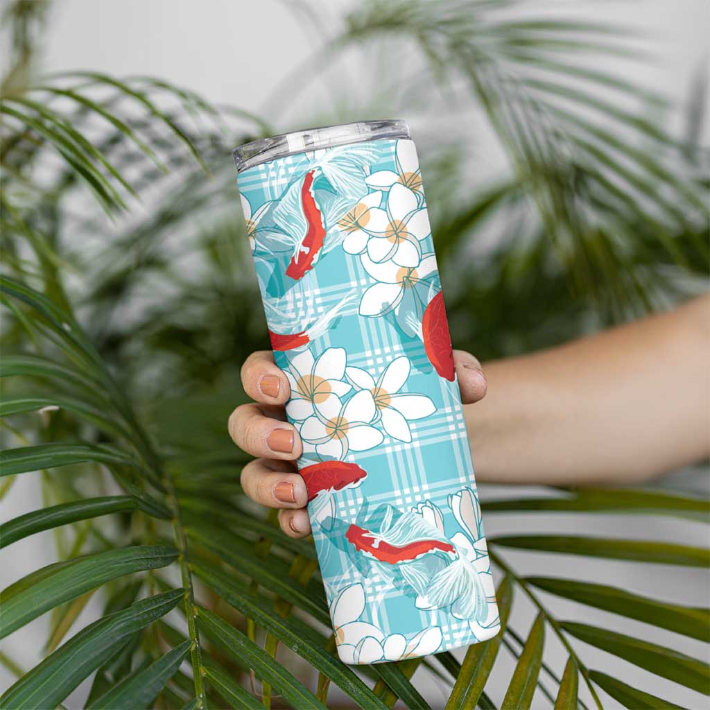 Turquoise Palaka Hawaii Aloha Skinny Tumbler Koi Pond Mix Plumeria - Polynesian Pride