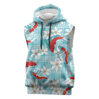 Turquoise Palaka Hawaii Aloha Sleeveless Hoodie Koi Pond Mix Plumeria - Polynesian Pride