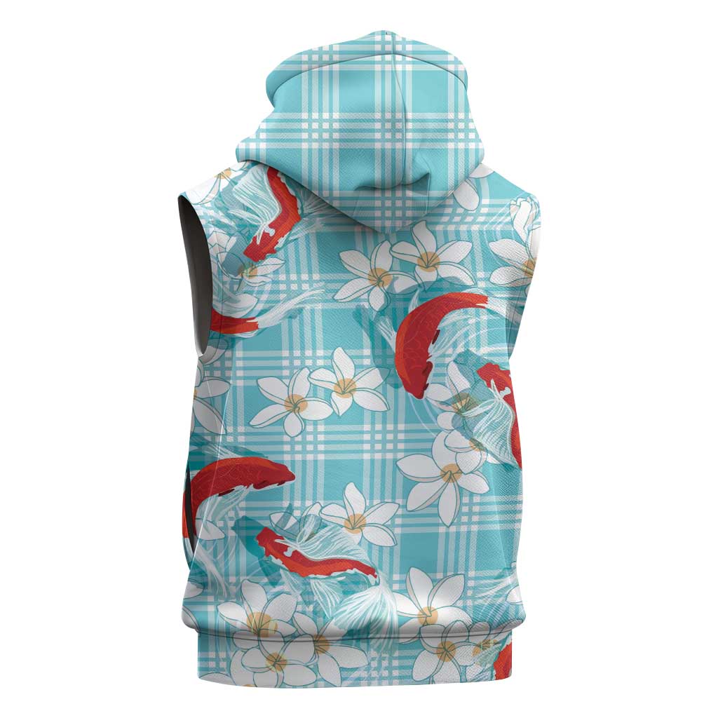 Turquoise Palaka Hawaii Aloha Sleeveless Hoodie Koi Pond Mix Plumeria - Polynesian Pride