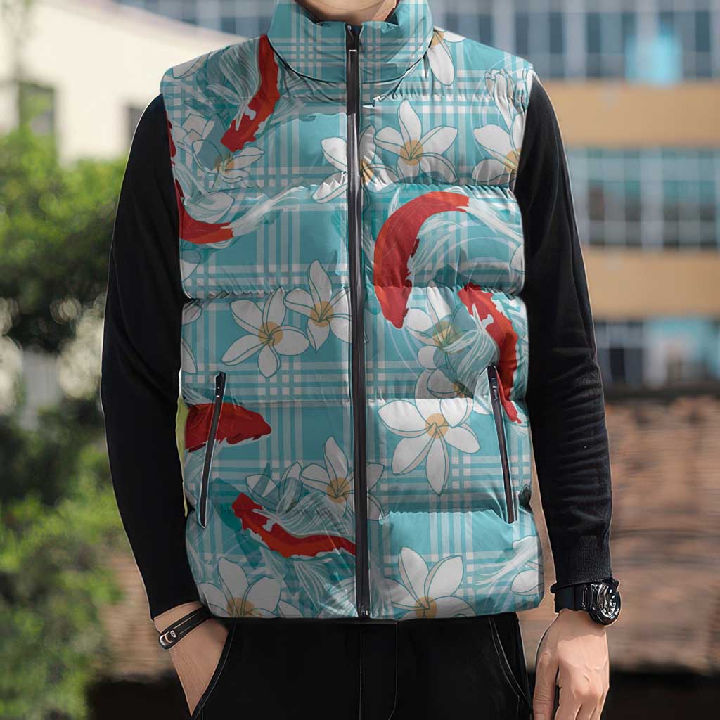 Turquoise Palaka Hawaii Aloha Sleeveless Puffer Jacket Koi Pond Mix Plumeria - Polynesian Pride
