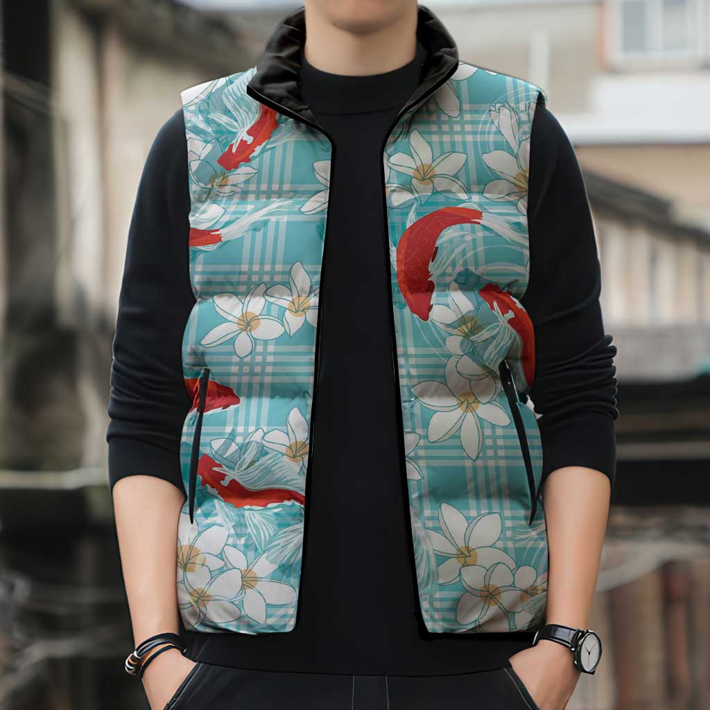 Turquoise Palaka Hawaii Aloha Sleeveless Puffer Jacket Koi Pond Mix Plumeria - Polynesian Pride