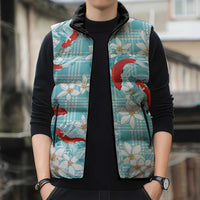 Turquoise Palaka Hawaii Aloha Sleeveless Puffer Jacket Koi Pond Mix Plumeria - Polynesian Pride