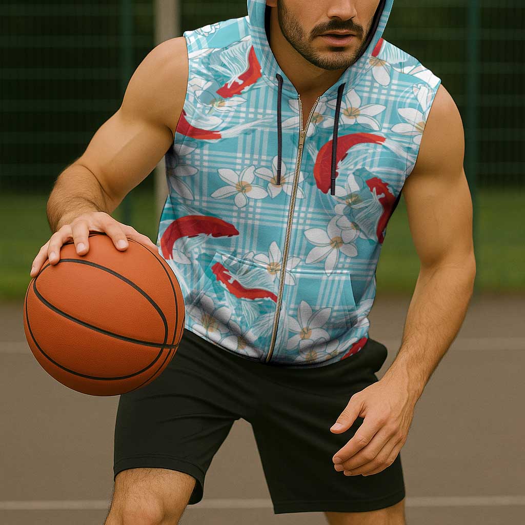 Turquoise Palaka Hawaii Aloha Sleeveless Zip Hoodie Koi Pond Mix Plumeria - Polynesian Pride