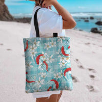 Turquoise Palaka Hawaii Aloha Tote Bag Koi Pond Mix Plumeria - Polynesian Pride