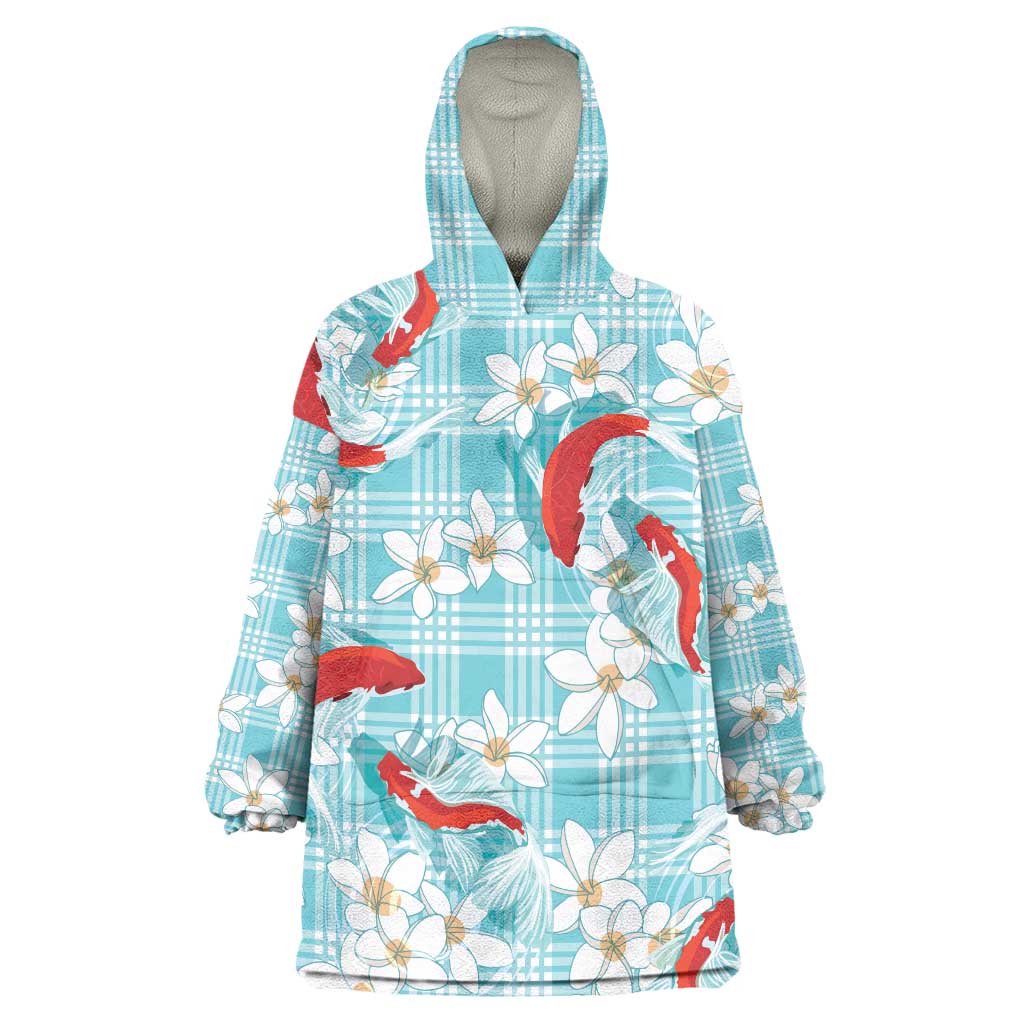 Turquoise Palaka Hawaii Aloha Wearable Blanket Hoodie Koi Pond Mix Plumeria - Polynesian Pride