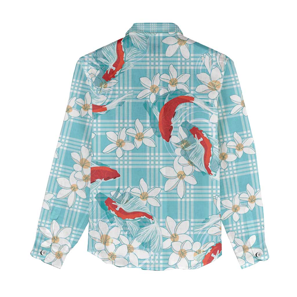 Turquoise Palaka Hawaii Aloha Women Casual Shirt Koi Pond Mix Plumeria - Polynesian Pride