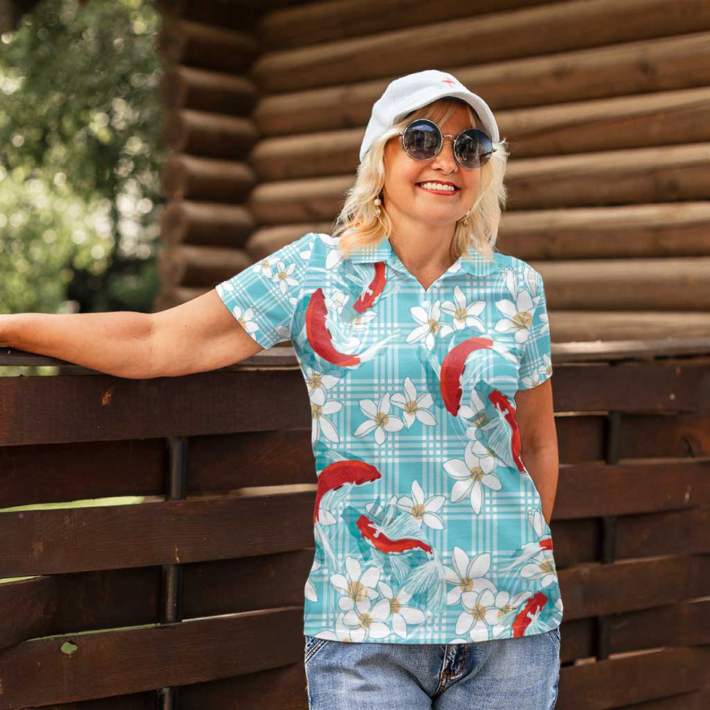 Turquoise Palaka Hawaii Aloha Women Polo Shirt Koi Pond Mix Plumeria - Polynesian Pride