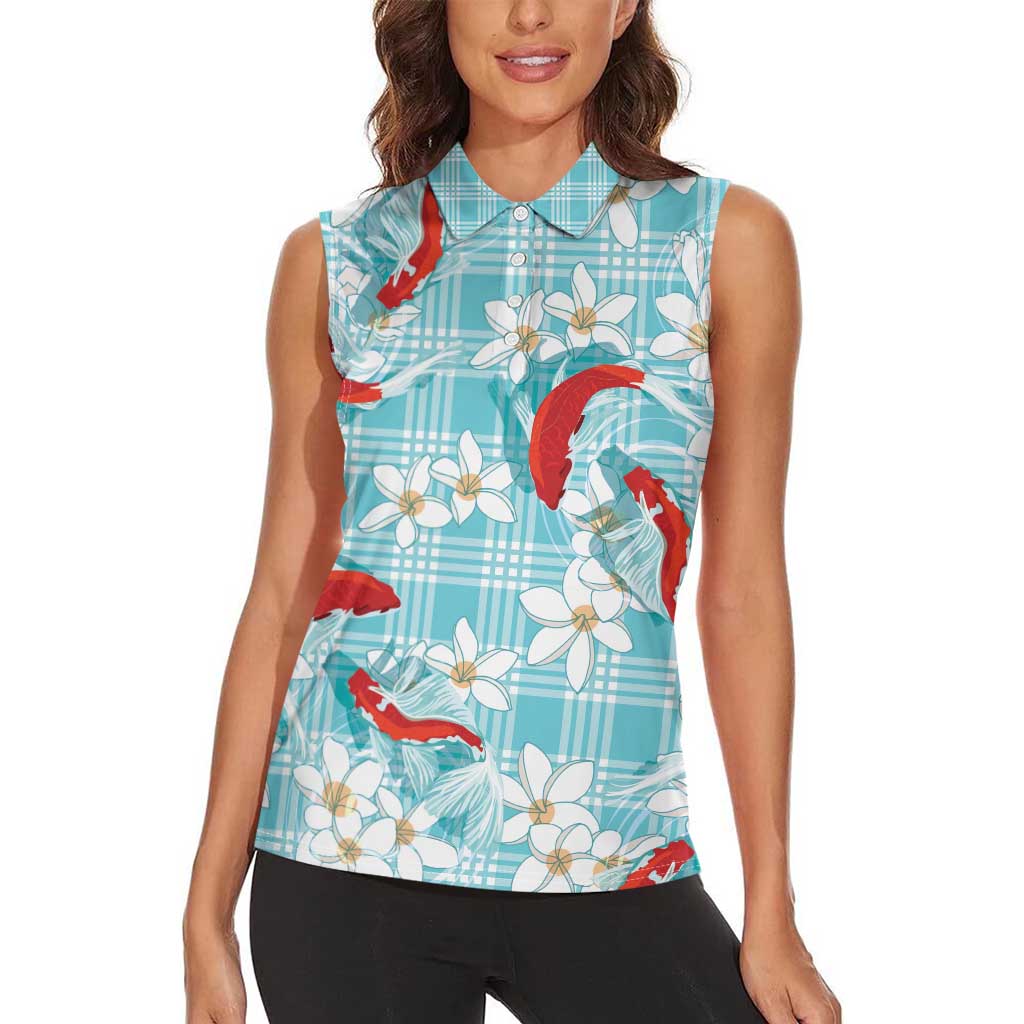 Turquoise Palaka Hawaii Aloha Women Sleeveless Polo Shirt Koi Pond Mix Plumeria - Polynesian Pride