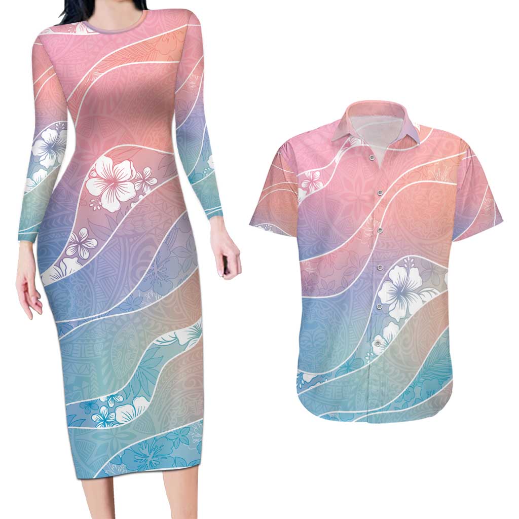 Aloha Hawaii Floral Tapa Couples Matching Long Sleeve Bodycon Dress and Hawaiian Shirt Patchwork Pastel Candy - Polynesian Pride