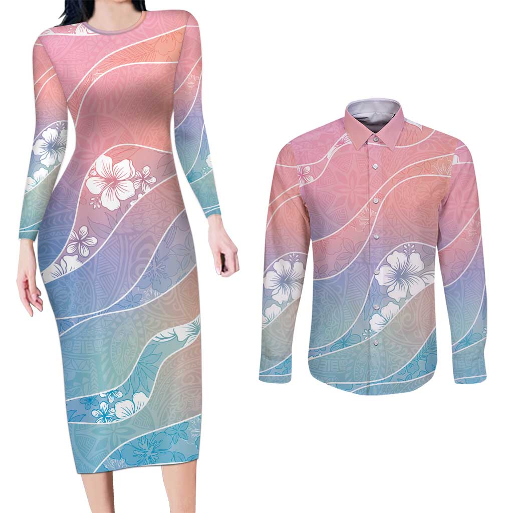 Aloha Hawaii Floral Tapa Couples Matching Long Sleeve Bodycon Dress and Long Sleeve Button Shirt Patchwork Pastel Candy - Polynesian Pride