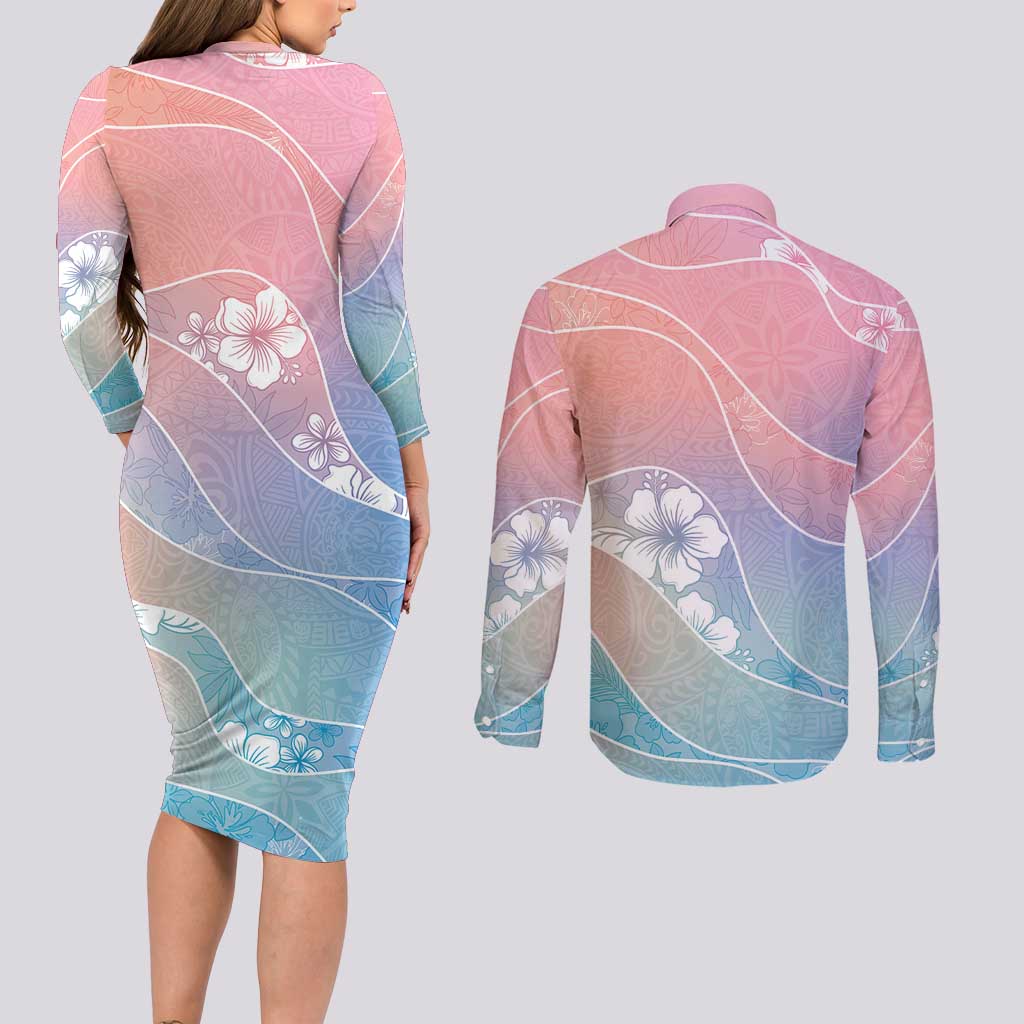 Aloha Hawaii Floral Tapa Couples Matching Long Sleeve Bodycon Dress and Long Sleeve Button Shirt Patchwork Pastel Candy - Polynesian Pride