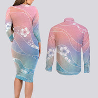 Aloha Hawaii Floral Tapa Couples Matching Long Sleeve Bodycon Dress and Long Sleeve Button Shirt Patchwork Pastel Candy - Polynesian Pride