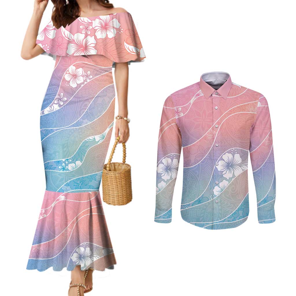 Aloha Hawaii Floral Tapa Couples Matching Mermaid Dress and Long Sleeve Button Shirt Patchwork Pastel Candy - Polynesian Pride