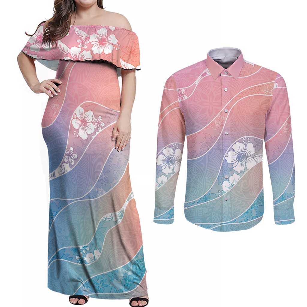 Aloha Hawaii Floral Tapa Couples Matching Off Shoulder Maxi Dress and Long Sleeve Button Shirt Patchwork Pastel Candy - Polynesian Pride