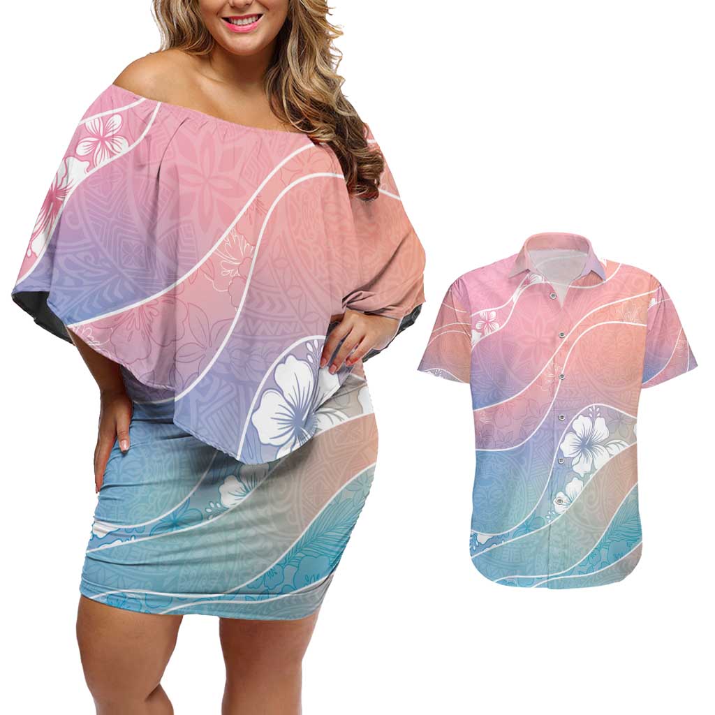 Aloha Hawaii Floral Tapa Couples Matching Off Shoulder Short Dress and Hawaiian Shirt Patchwork Pastel Candy - Polynesian Pride
