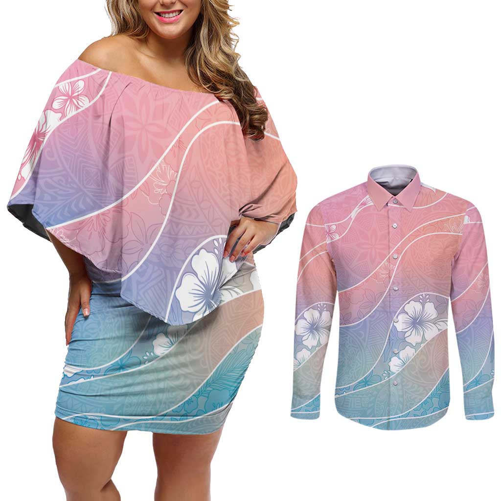 Aloha Hawaii Floral Tapa Couples Matching Off Shoulder Short Dress and Long Sleeve Button Shirt Patchwork Pastel Candy - Polynesian Pride