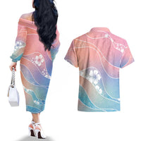 Aloha Hawaii Floral Tapa Couples Matching Off The Shoulder Long Sleeve Dress and Hawaiian Shirt Patchwork Pastel Candy - Polynesian Pride