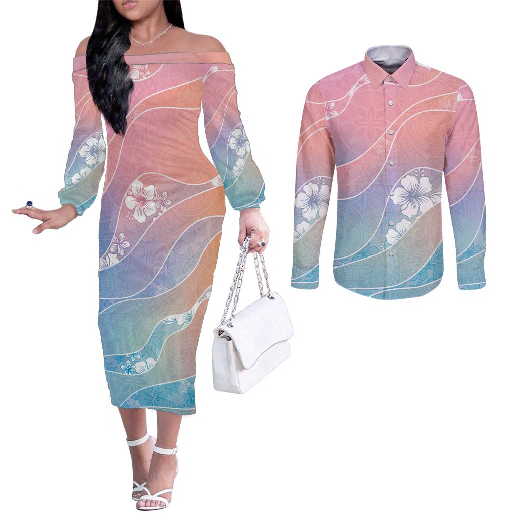 Aloha Hawaii Floral Tapa Couples Matching Off The Shoulder Long Sleeve Dress and Long Sleeve Button Shirt Patchwork Pastel Candy - Polynesian Pride