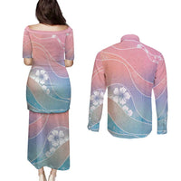 Aloha Hawaii Floral Tapa Couples Matching Puletasi and Long Sleeve Button Shirt Patchwork Pastel Candy - Polynesian Pride