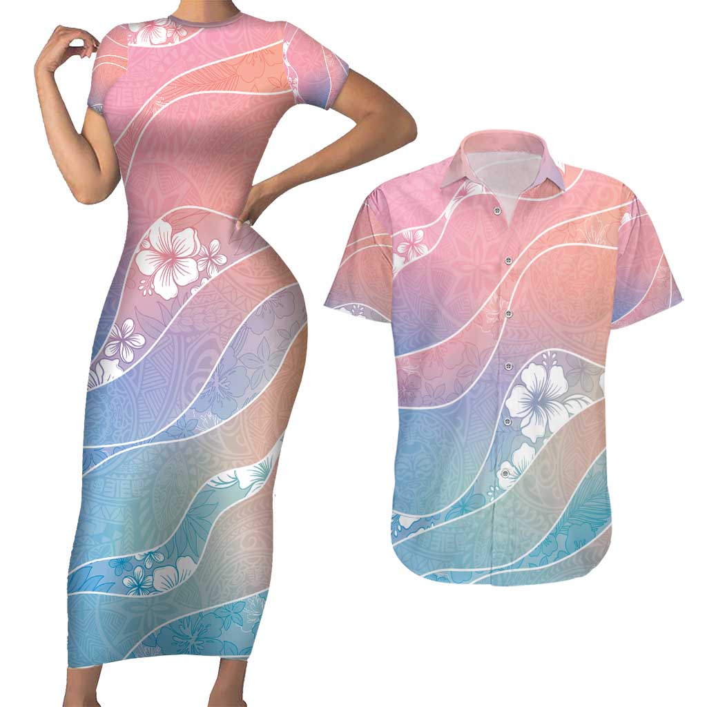 Aloha Hawaii Floral Tapa Couples Matching Short Sleeve Bodycon Dress and Hawaiian Shirt Patchwork Pastel Candy - Polynesian Pride