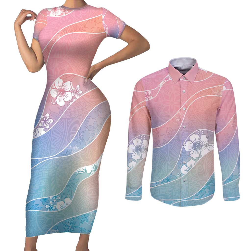 Aloha Hawaii Floral Tapa Couples Matching Short Sleeve Bodycon Dress and Long Sleeve Button Shirt Patchwork Pastel Candy - Polynesian Pride