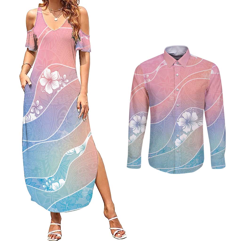 Aloha Hawaii Floral Tapa Couples Matching Summer Maxi Dress and Long Sleeve Button Shirt Patchwork Pastel Candy - Polynesian Pride