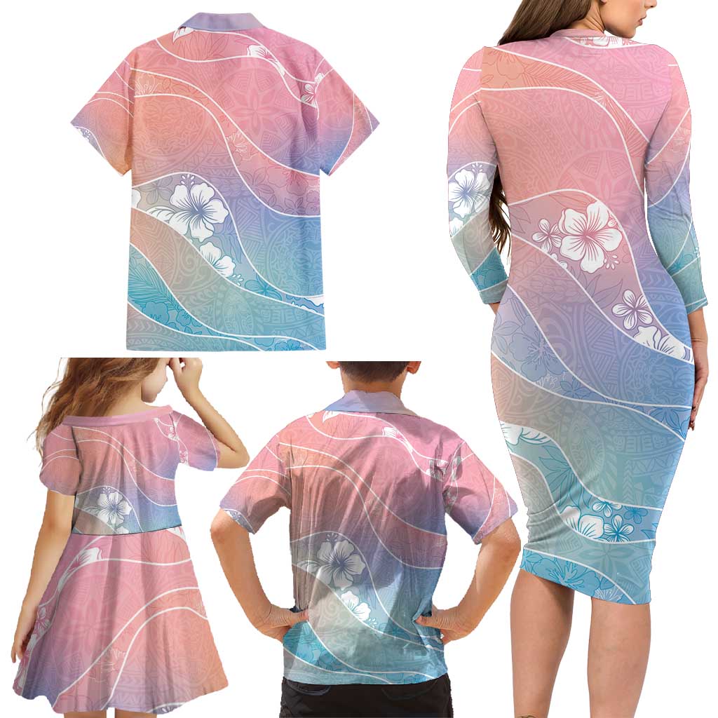 Aloha Hawaii Floral Tapa Family Matching Long Sleeve Bodycon Dress and Hawaiian Shirt Patchwork Pastel Candy - Polynesian Pride