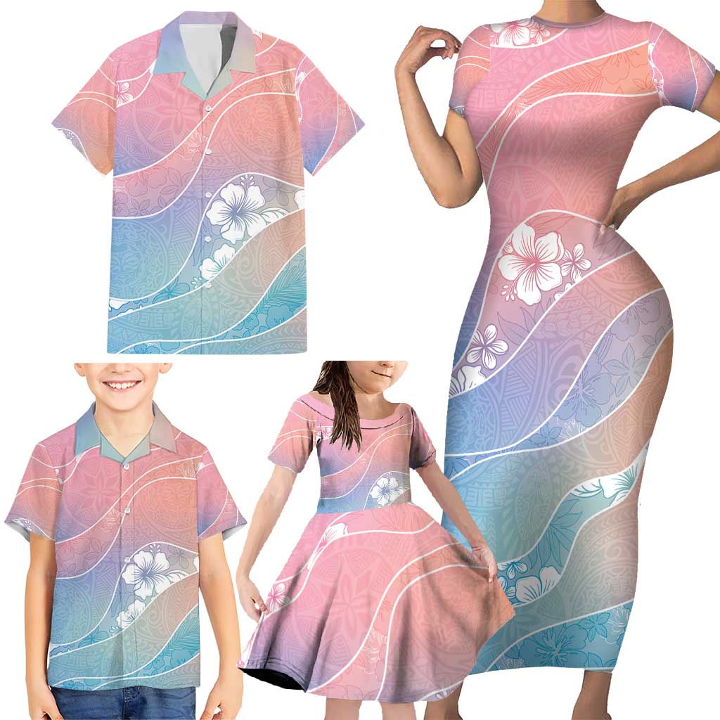 Aloha Hawaii Floral Tapa Family Matching Short Sleeve Bodycon Dress and Hawaiian Shirt Patchwork Pastel Candy - Polynesian Pride