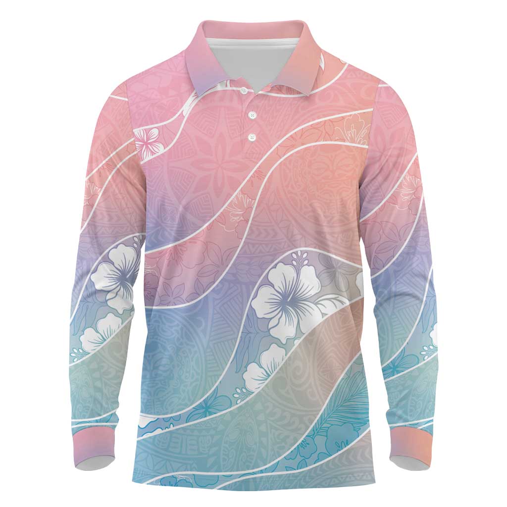 Aloha Hawaii Floral Tapa Long Sleeve Polo Shirt Patchwork Pastel Candy - Polynesian Pride