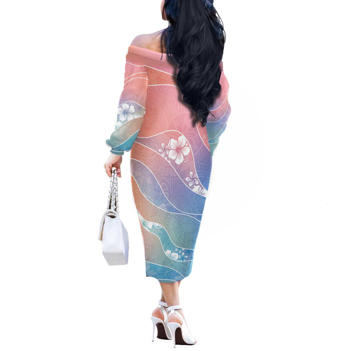 Aloha Hawaii Floral Tapa Off The Shoulder Long Sleeve Dress Patchwork Pastel Candy - Polynesian Pride