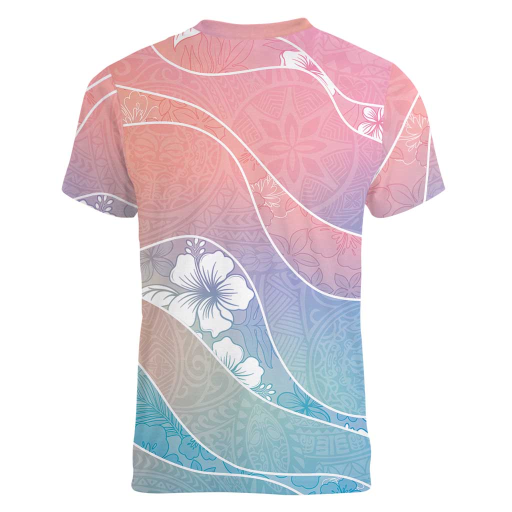 Aloha Hawaii Floral Tapa Women V-Neck T-Shirt Patchwork Pastel Candy - Polynesian Pride