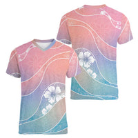 Aloha Hawaii Floral Tapa Women V-Neck T-Shirt Patchwork Pastel Candy - Polynesian Pride