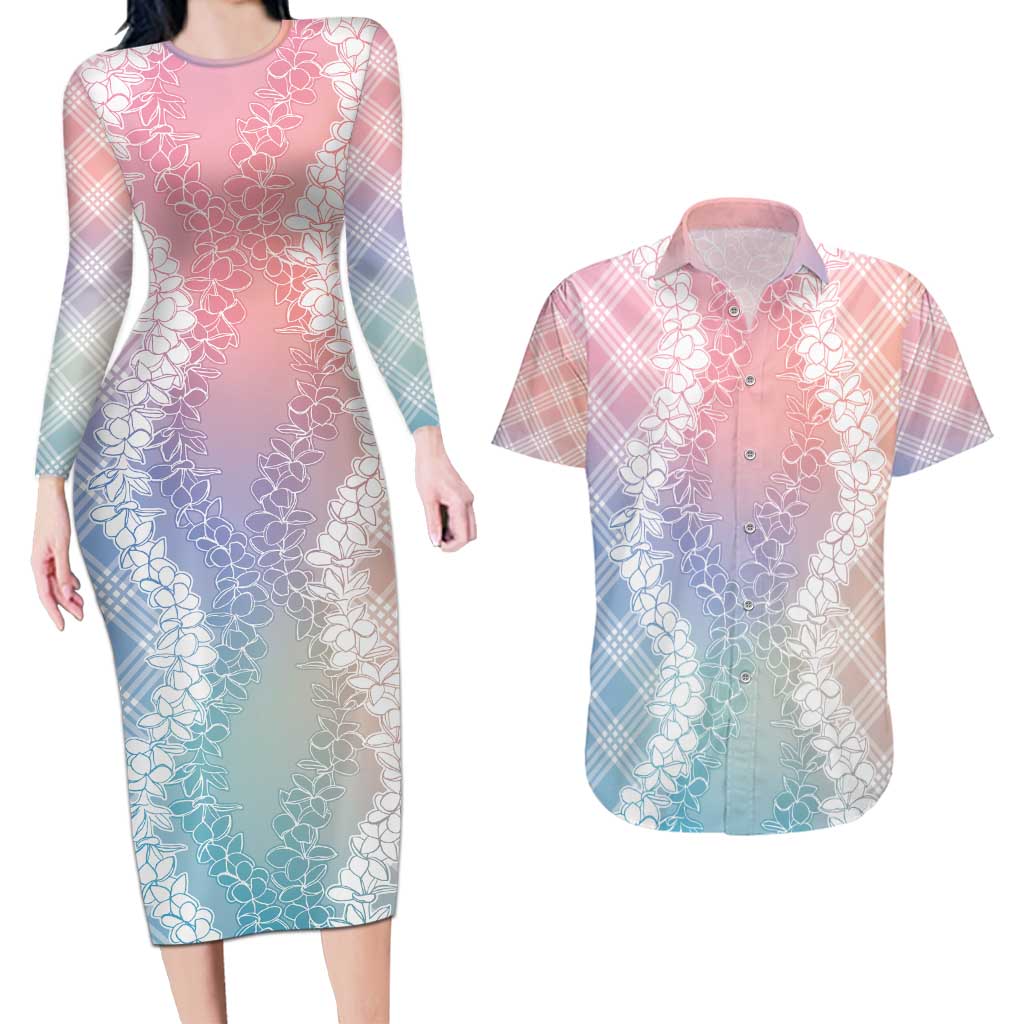Hawaii Aloha Plumeria Lei Pastel Candy Palaka Couples Matching Long Sleeve Bodycon Dress and Hawaiian Shirt - Polynesian Pride