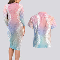 Hawaii Aloha Plumeria Lei Pastel Candy Palaka Couples Matching Long Sleeve Bodycon Dress and Hawaiian Shirt - Polynesian Pride