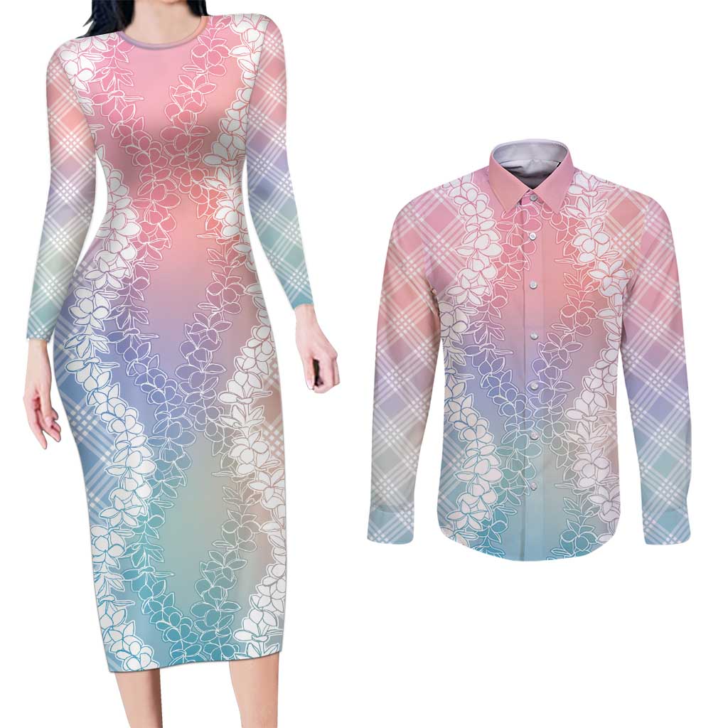 Hawaii Aloha Plumeria Lei Pastel Candy Palaka Couples Matching Long Sleeve Bodycon Dress and Long Sleeve Button Shirt - Polynesian Pride
