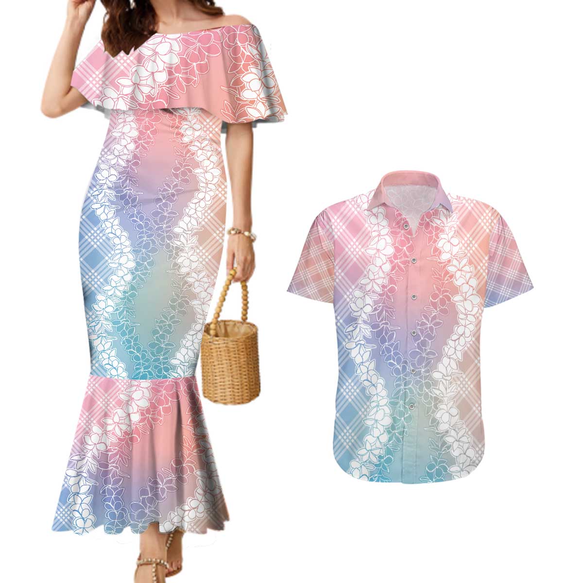 Hawaii Aloha Plumeria Lei Pastel Candy Palaka Couples Matching Mermaid Dress and Hawaiian Shirt - Polynesian Pride