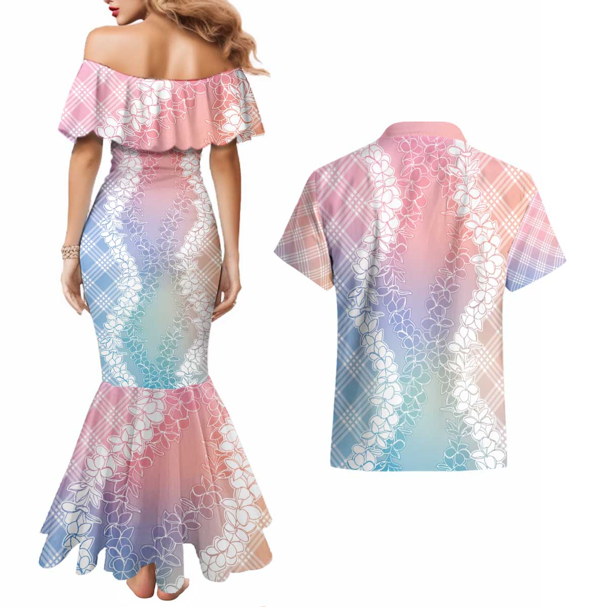 Hawaii Aloha Plumeria Lei Pastel Candy Palaka Couples Matching Mermaid Dress and Hawaiian Shirt - Polynesian Pride